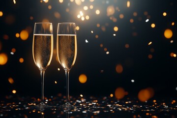 champagne glasses clinking with a fireworks display in the background, gold and silver confetti around, elegant dark background with sparkling lights