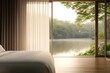© Denis Tuev - open bedroom with sliding doors leading to a terrace overlooking a lake, warm wooden floors, light sheer curtains, a gentle breeze moving the curtains, lake sparkling in the sunlight
