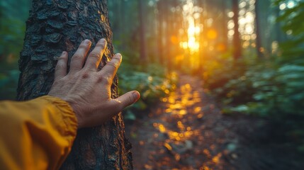 Poster - In a serene forest, a hand reaches out to touch a tree trunk as the sun sets in the background, illuminating the path with warm light and enhancing the lush surroundings.