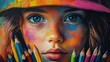 © jobim - a child with a playful and artistic theme. The child has tousled hair and is wearing a colorful hat adorned with various colored pencils, which adds a whimsical touch