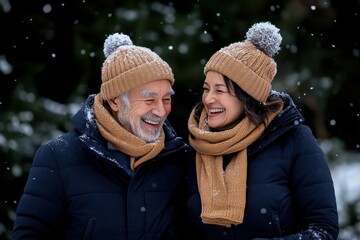 An elderly couple exudes joy as they laugh together amidst gently falling snow, donning matching knit hats and scarves, embodying warmth and happiness in winter.