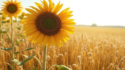 Wall Mural - A stunning sunflower standing tall in a golden field under the bright sunlight, botanical, petals