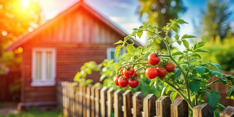 Wall Mural - A tomato plant growing in a sunny garden with a wooden fence and a red roof in the background, flowers, herbs, farm, fence, sun