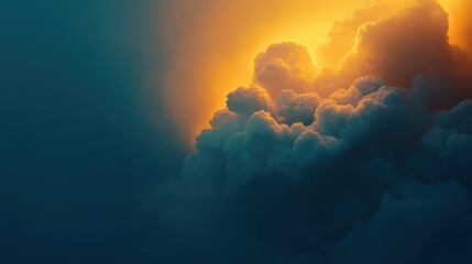 Sticker - Large cloud of dark blue and white clouds with a bright orange sun in the background. The sky is filled with a sense of mystery and wonder