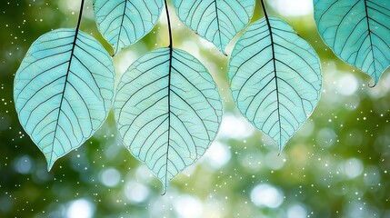 Wall Mural - leafy tree branch with four leaves that are blue and white. the leaves are very thin and delicate