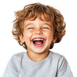 © Stone Story - Cheerful child with curly hair laughing joyfully in a studio portrait, wearing a light gray t-shirt against a white background. isolated on PNG transparent background