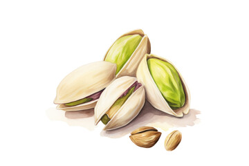 Image: Close-up of watercolor illustration of pistachios on a white background. Ideal for food blogs, product packaging, and design