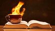 © สมเจตน์ หนูแก้ว - A captivating moment a hot coffee cup emitting flames beside an open newspaper in a cozy cafe setting