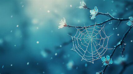 A beautiful spider web is delicately hanging from a tree branch, showcasing its intricate design and structure in an artistic manner, copy space