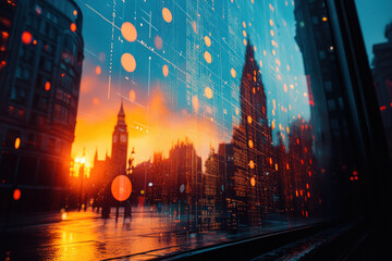 Double exposure of digital data overlay on cityscape at dusk