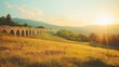 © RMTH - Architecture background of ancient Roman aqueduct arches stretching across a countryside landscape.