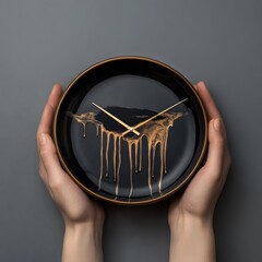Poster - This unique clock, featuring hands that appear to melt, elegantly conveys the surreal concept of time slipping away as it is cradled. Generative AI