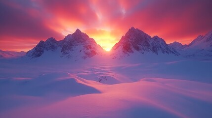 Poster - The sun rises behind towering, snow-covered mountains, casting beautiful pink and orange colors across the sky. The peaceful winter landscape glistens in the fresh snow.