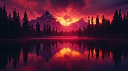 Wall Mural - A vibrant sunset over a mountain lake, reflected in the still water, casting the surrounding forest in an orange glow.