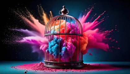 colourful holi powder explosions inside of a cage. concept of idea in a cage