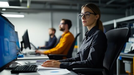 Wall Mural - focused female programmer working on desktop computer in software development agency team.