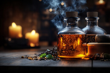 Magic potion concept background. Witchcraft table concept. Front view...