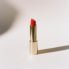 red lipstick in a gold case on a light background with shadow