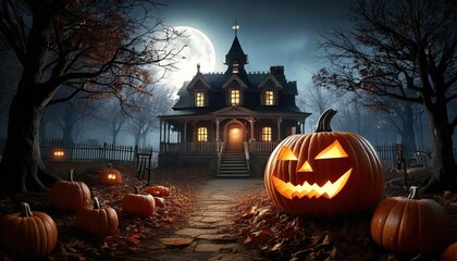  Halloween background with pumpkins and haunted house - 3D render. Halloween background 