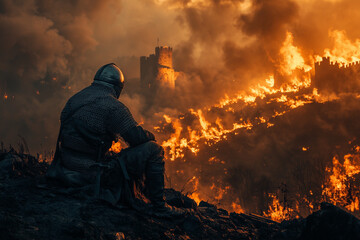 Tired knight sitting on a burning fallen medieval castle background.