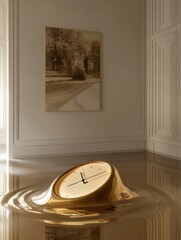 Poster - A surreal clock melts in water within an elegantly styled room, evoking thoughts about the fluidity and nature of time. Generative AI