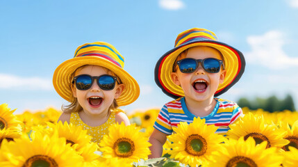 Children smiling joyfully in sunflower field, wearing hats and sunglasses