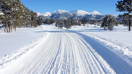 Wall Mural - Snowy road with pine trees and mountains in distance creates serene winter landscape