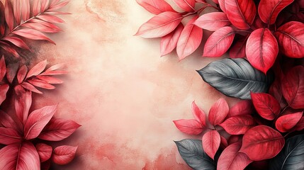 Illustration of Pastel Light Soft Coral Watercolor Tropical Leaves Background with Copy Space: A tropical-themed background showcasing soft coral watercolor leaves, with room for text. 