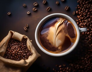 Café cremoso e intenso con un fondo de granos de café Arábica tostados