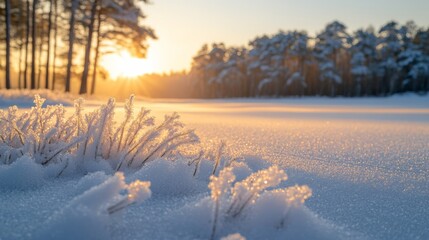 Leinwandbilder - A tranquil winter morning unfolds as the sun rises over a snow-covered field. Frosted grass sparkles in the early light, while trees create a serene backdrop.