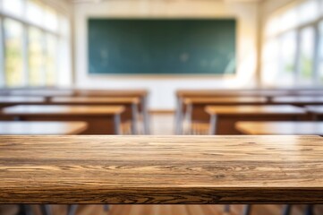 Aufkleber - Empty classroom with wooden desks facing a chalkboard, learning and teaching.
