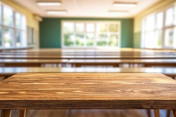 Aufkleber - Wooden table in a bright, spacious classroom with rows of seating, large windows that allow natural light.