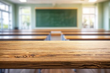 Aufkleber - Wooden desk in an empty classroom, featuring green walls and a chalkboard in the background