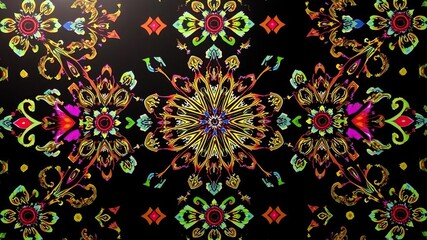 Intricate kaleidoscope pattern with vibrant colors on a black background, abstract, black background, decorative