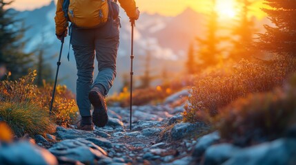 Poster - A lone hiker traverses a rocky trail in the mountains as the sun sets, casting golden light on the lush greenery and serene landscape.