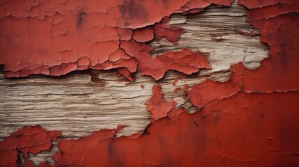 A detailed view of cracked, weathered red paint on wood reveals textures and layers, conveying an aged, rustic charm and history etched in time.