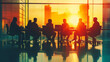 © Roman - The meeting hall is illuminated by the rays of the setting sun. Colleagues are holding a meeting