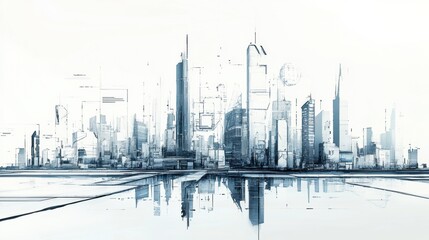 Poster - The artwork features a vast futuristic city skyline, characterized by geometric shapes and clean lines, reflected in water below. Generative AI