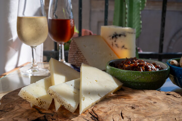 Cheese collection, Spanish matured cheese and onion chutney close up, Andalusian style, Jerez de la Frontera, Spain, sherry wine tasting