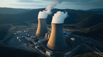 Aerial view of a power plant with two large cooling towers emitting steam, surrounded by green hills and infrastructure buildings under clear sky.