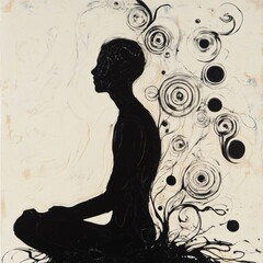 Poster - A solitary figure sits in meditation, enveloped by flowing swirls and circles, embodying a sense of calm and deep contemplation. Generative AI