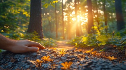 Leinwandbilder - As sunlight filters through dense trees, a hand delicately rests on moss-covered earth adorned with vibrant wildflowers, highlighting nature's beauty at dusk.