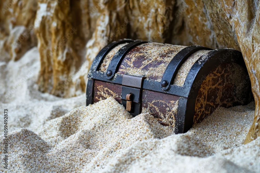 A treasure chest halfburied in the sand promoting the excitement of
