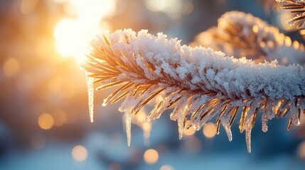 Leinwandbilder - A pine branch adorned with fresh frost and icicles captures the early morning sunlight, creating a peaceful winter atmosphere in the snowy surroundings.