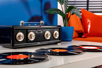 retro teenage room with boombox, vinyl records and period appropriate furnishings