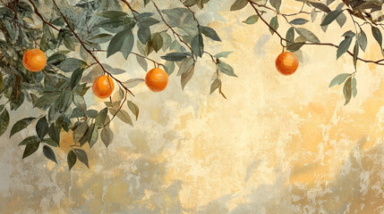 Orange Tree Branch with Ripe Fruit on Rustic Background