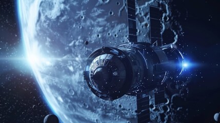 a space station in orbit around the moon connecting with earth through 6g technology to facilitate l