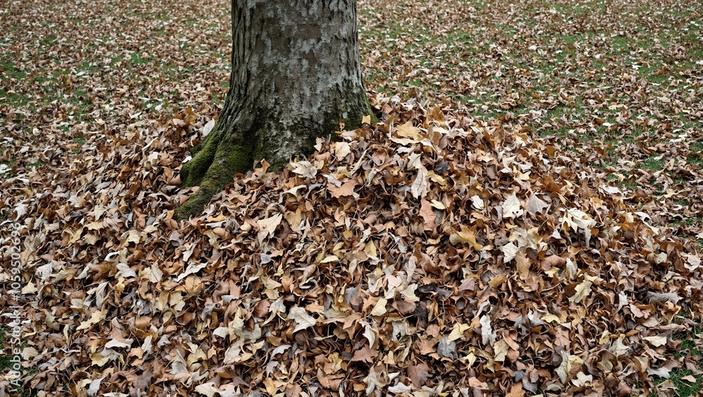 Autumn leaves piled at the base of a tree forming a damp messy heap ...