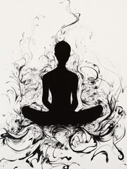 Poster - A solitary figure sits in a meditative pose, enveloped by flowing abstract shapes that exude tranquility and peace. Generative AI