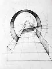 Aufkleber - The artwork features an abstract representation of a bridge, showcasing intricate lines and circular forms that emphasize perspective. Generative AI